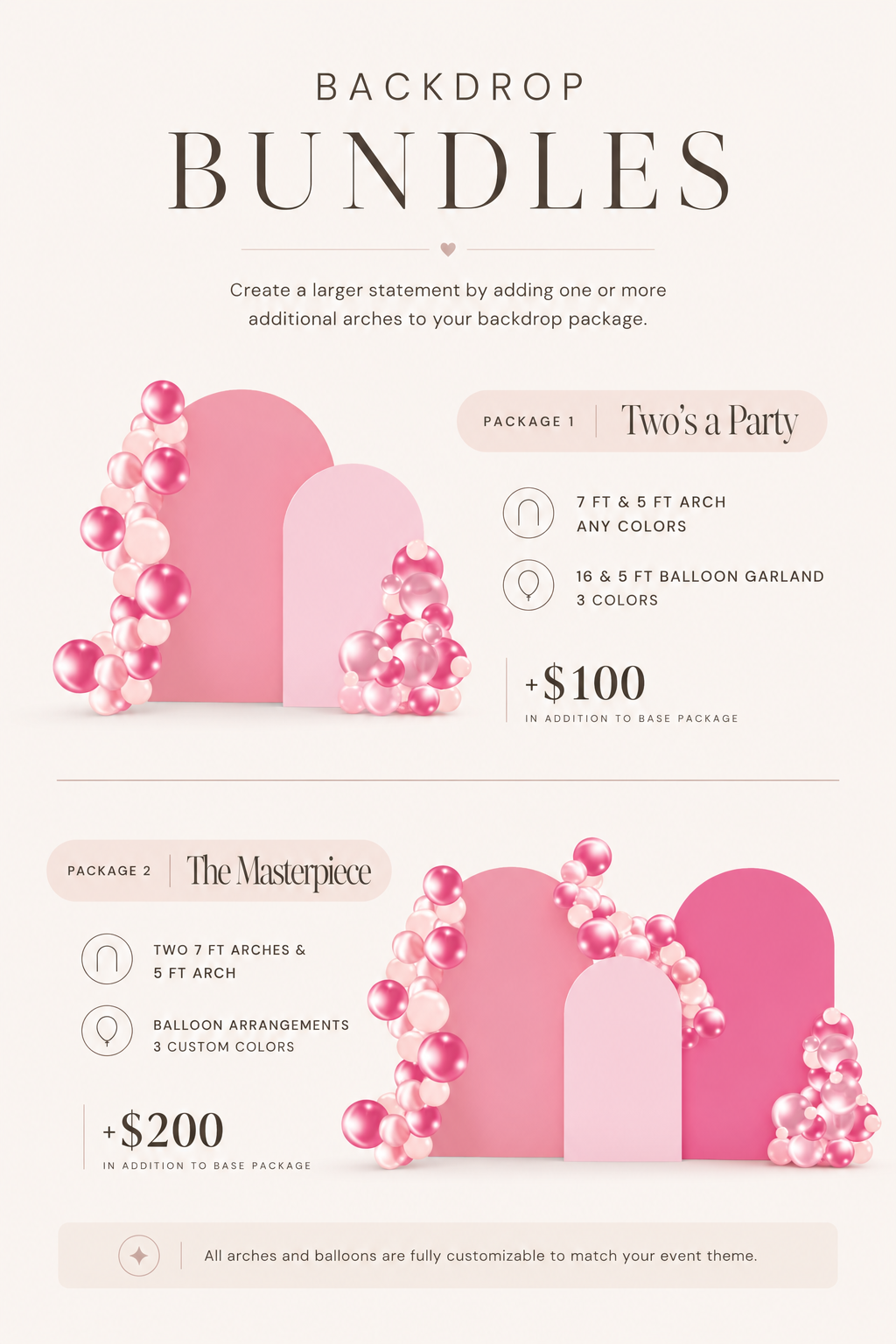 Backdrop Bundles — Package 1 Two's a Party (+$100) and Package 2 The Masterpiece (+$200)