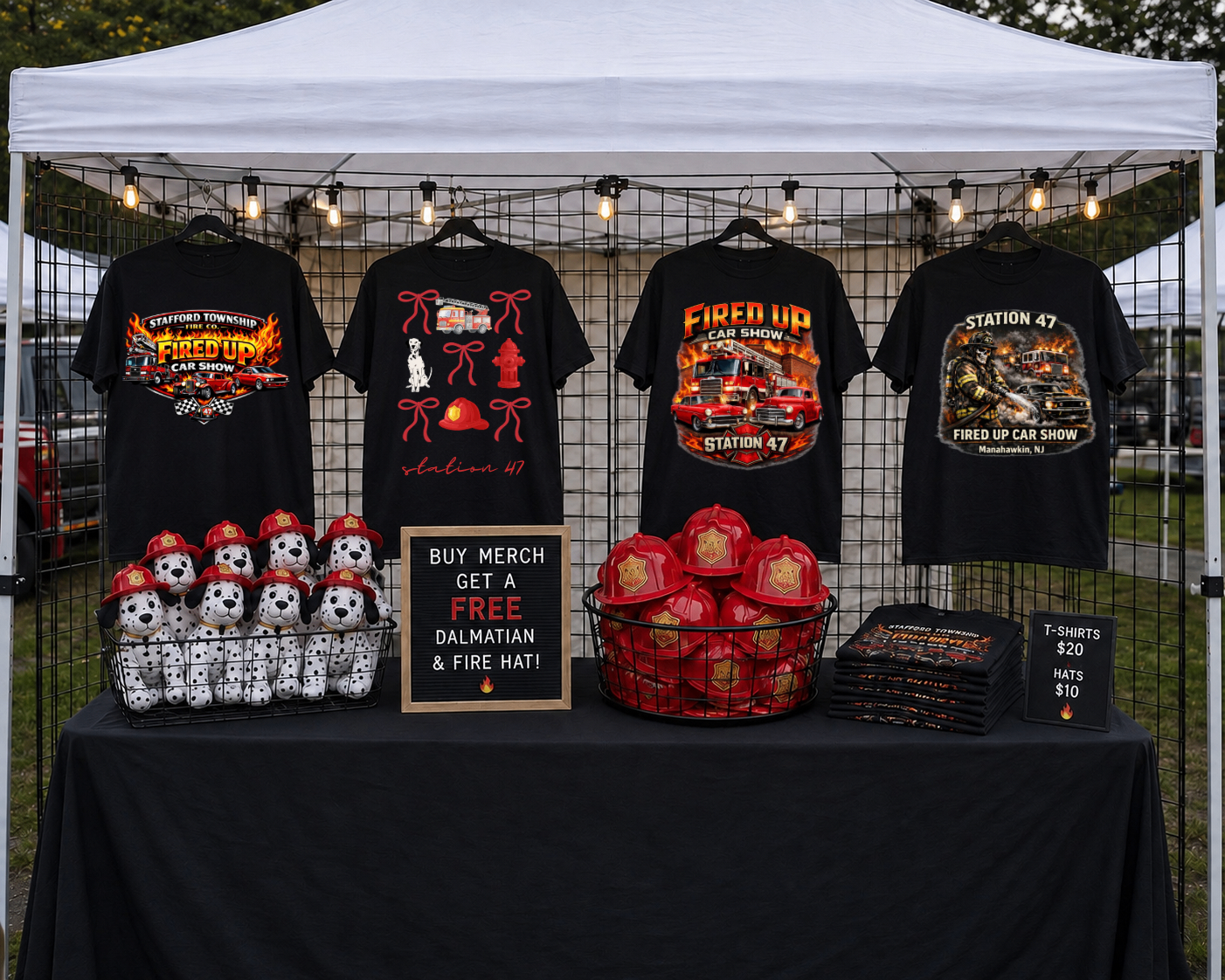 Custom t-shirt press booth with Station 47 Fired Up Car Show shirts, fire hats and plush dalmatians